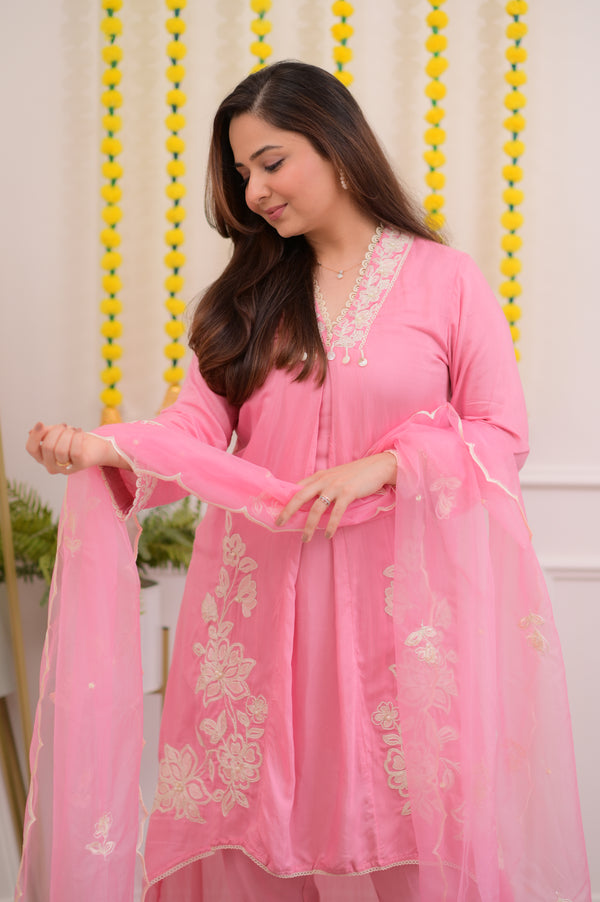 Pink Blush Bloom Threaded Muslin Suit