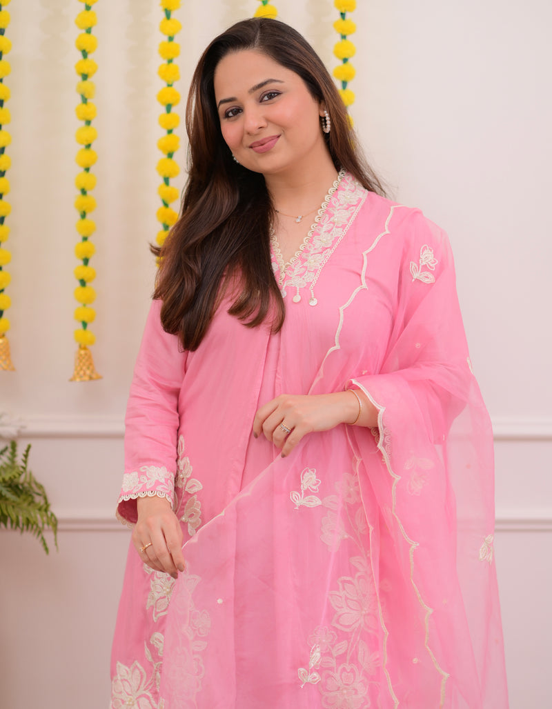 Pink Blush Bloom Threaded Muslin Suit