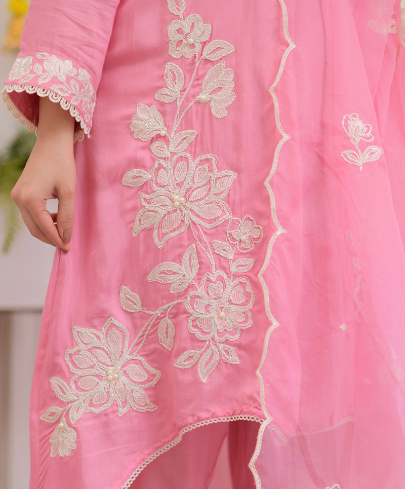 Pink Blush Bloom Threaded Muslin Suit
