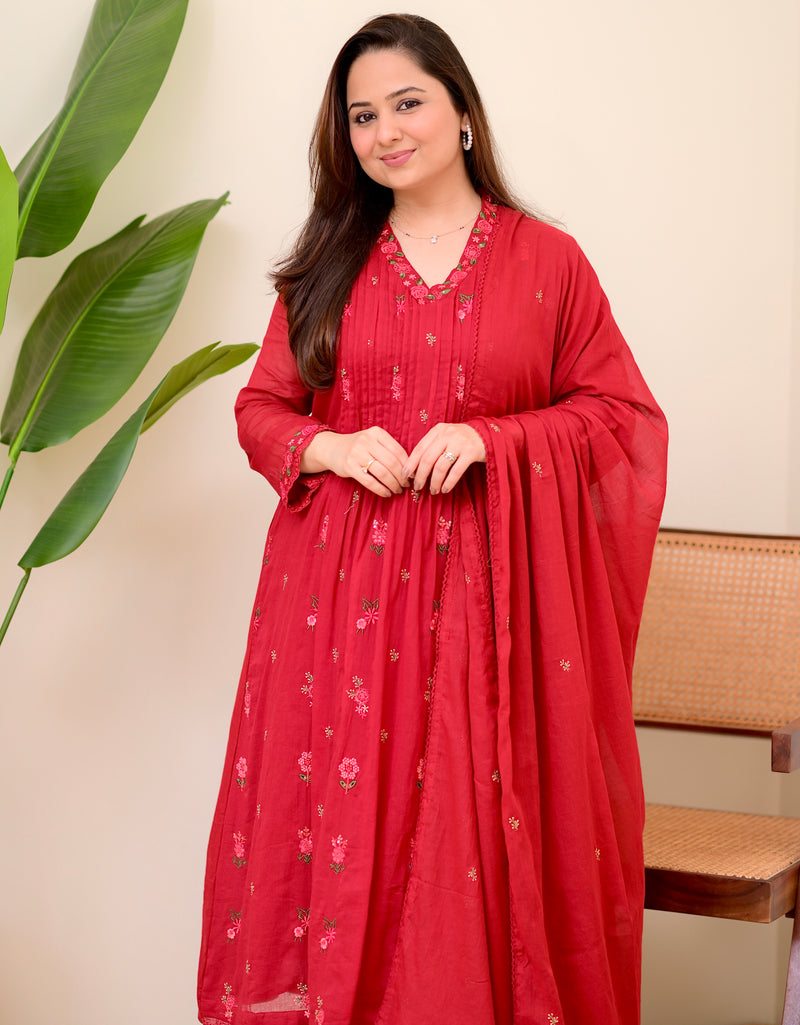 Maroon Rose Threadwork Mul Cotton A Line Suit