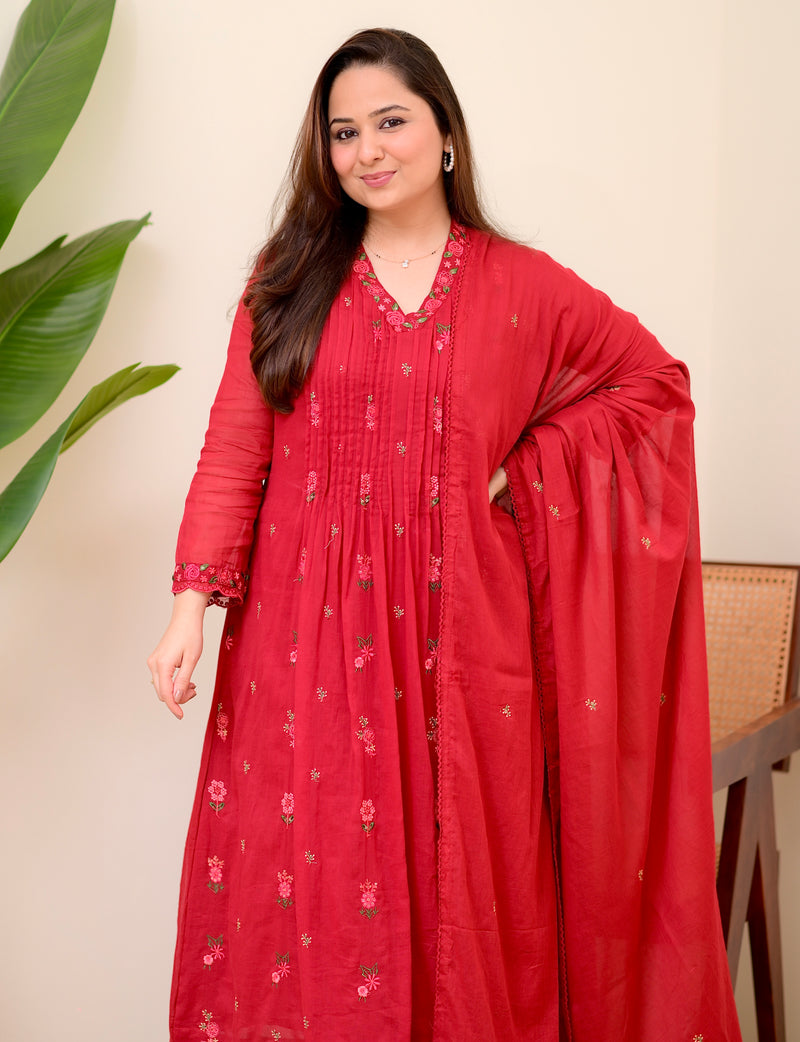 Maroon Rose Threadwork Mul Cotton A Line Suit