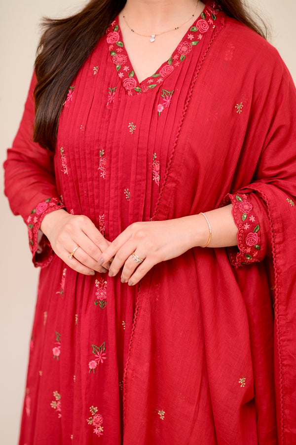 Maroon Rose Threadwork Mul Cotton A Line Suit