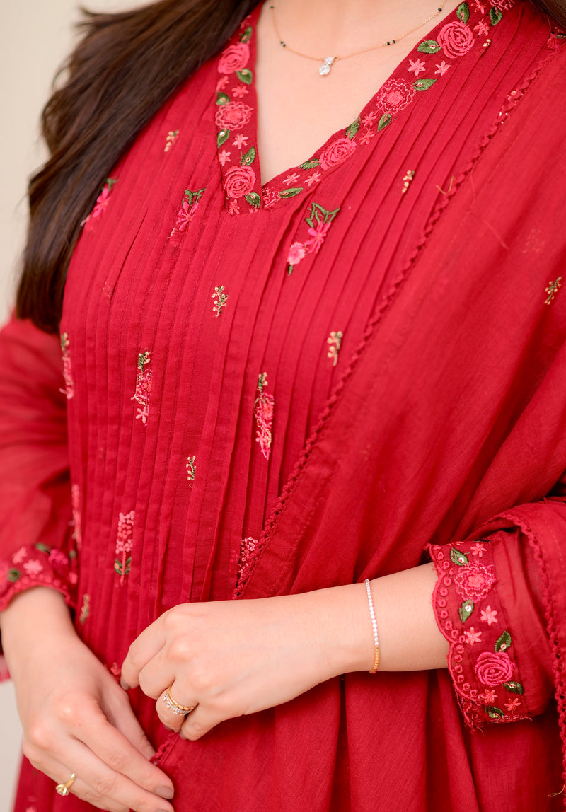 Maroon Rose Threadwork Mul Cotton A Line Suit