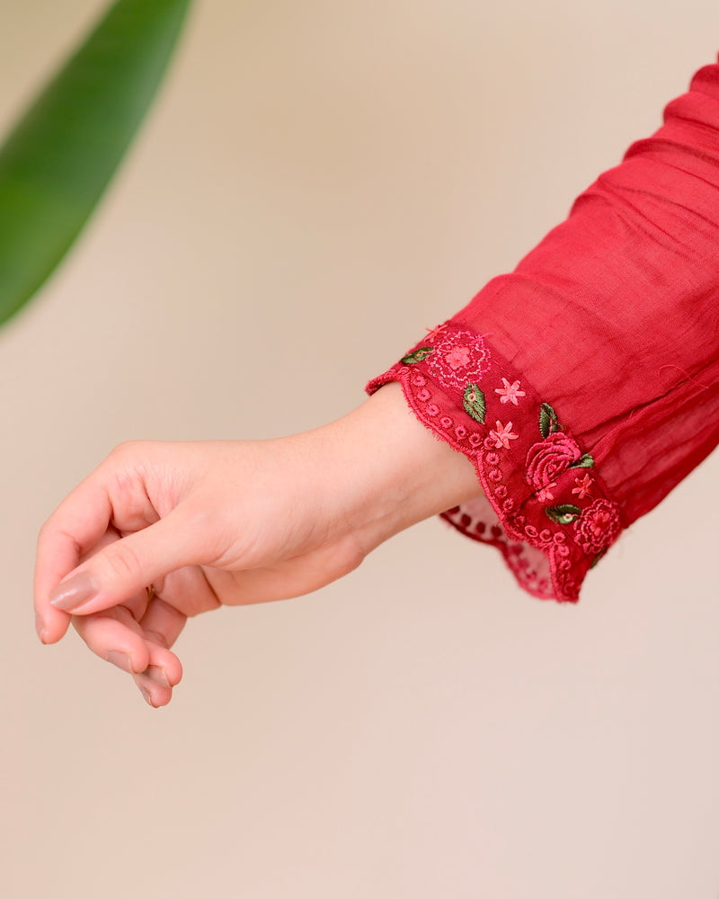 Maroon Rose Threadwork Mul Cotton A Line Suit
