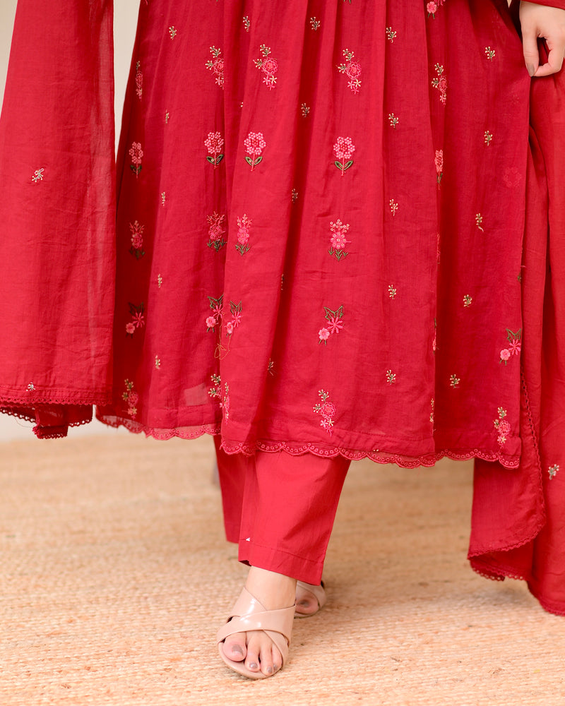 Maroon Rose Threadwork Mul Cotton A Line Suit