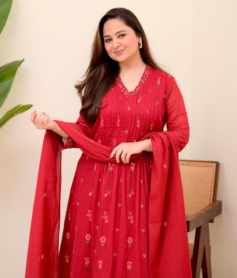 Maroon Rose Threadwork Mul Cotton A Line Suit