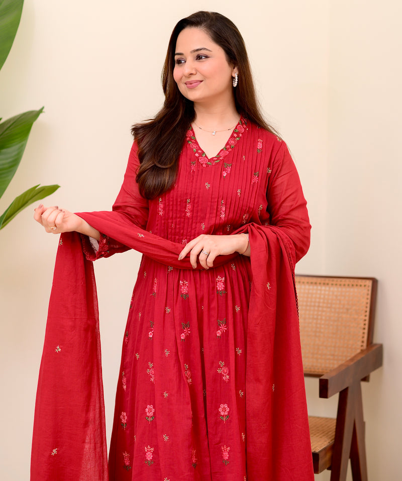 Maroon Rose Threadwork Mul Cotton A Line Suit