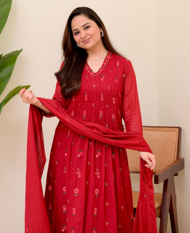 Maroon Rose Threadwork Mul Cotton A Line Suit