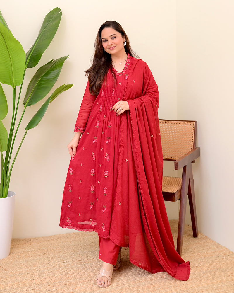 Maroon Rose Threadwork Mul Cotton A Line Suit