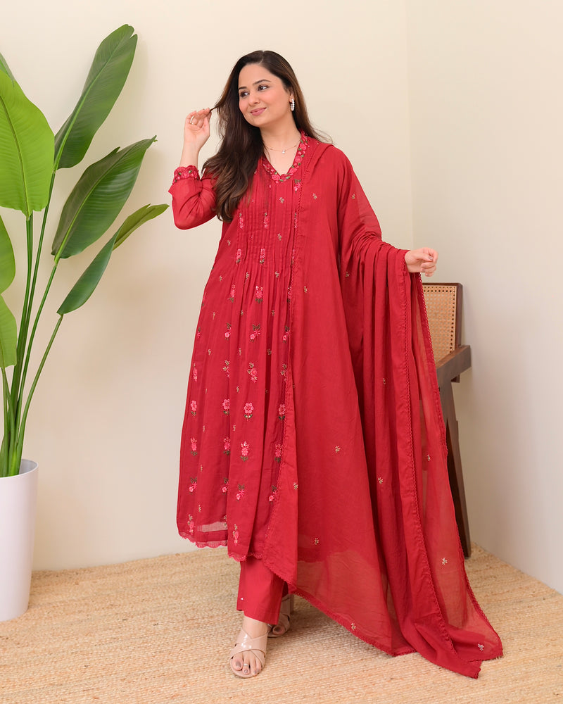 Maroon Rose Threadwork Mul Cotton A Line Suit