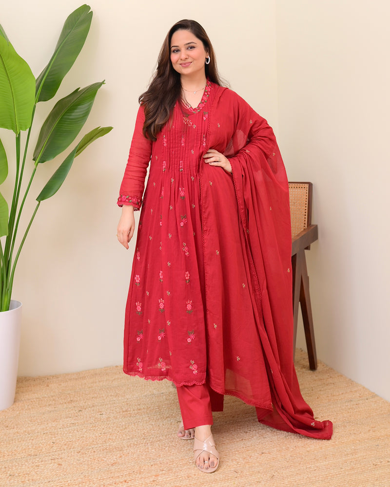 Maroon Rose Threadwork Mul Cotton A Line Suit