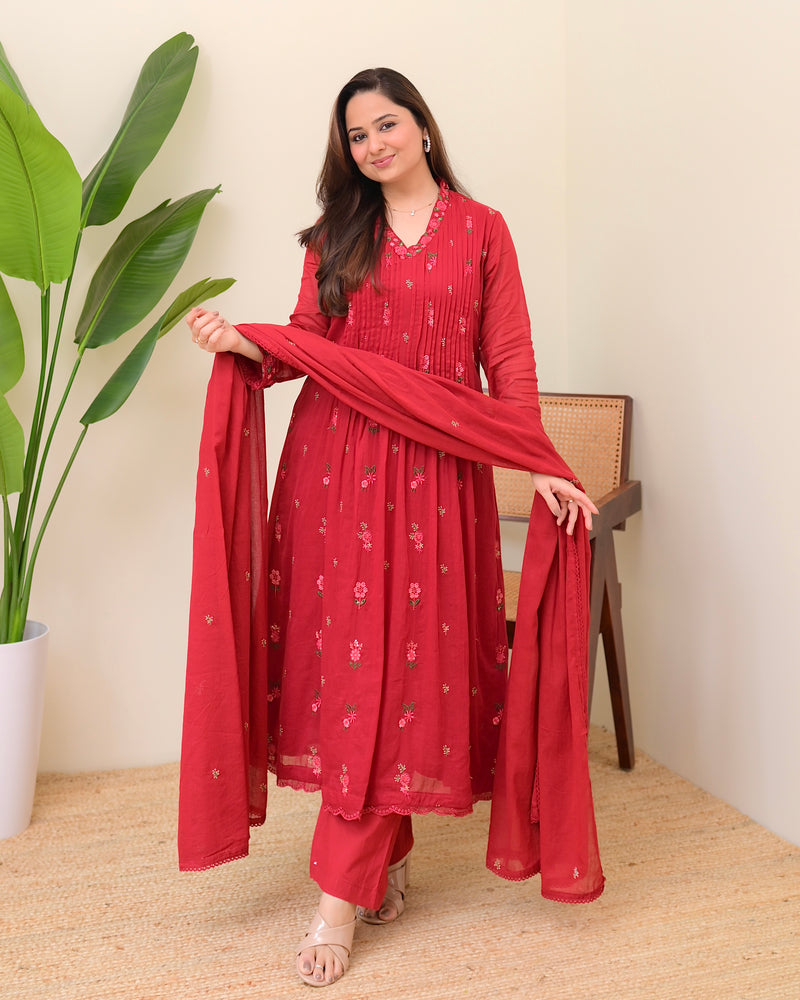 Maroon Rose Threadwork Mul Cotton A Line Suit