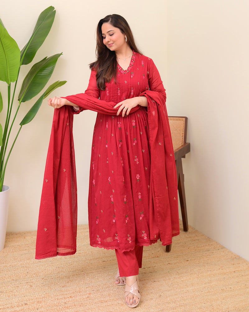 Maroon Rose Threadwork Mul Cotton A Line Suit