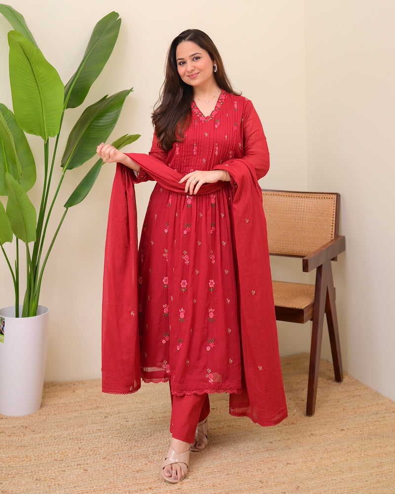 Maroon Rose Threadwork Mul Cotton A Line Suit