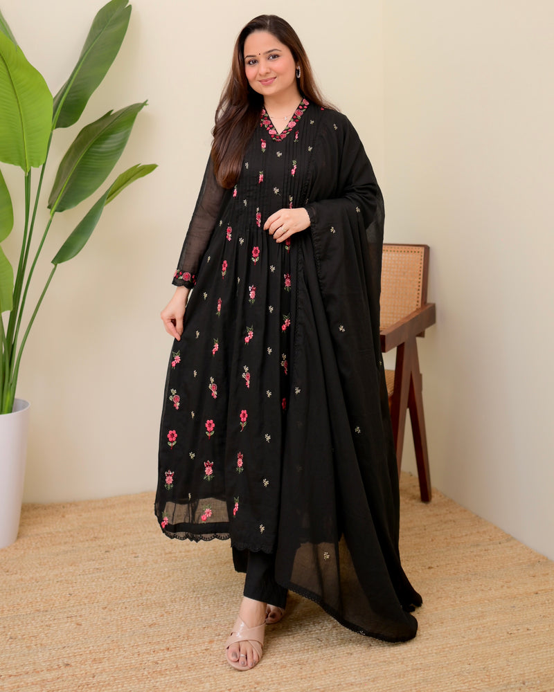 Black Rose Threadwork Mul Cotton A Line Suit