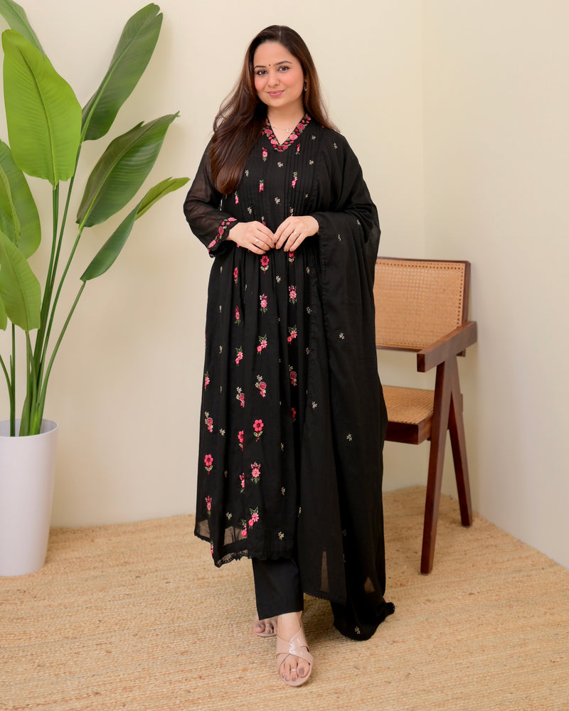 Black Rose Threadwork Mul Cotton A Line Suit