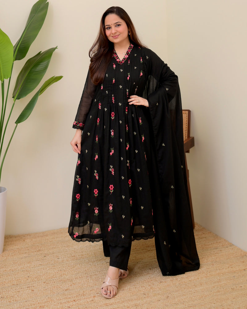 Black Rose Threadwork Mul Cotton A Line Suit