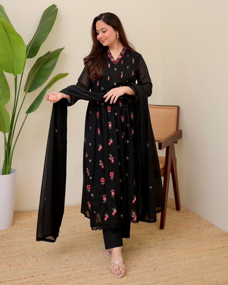 Black Rose Threadwork Mul Cotton A Line Suit