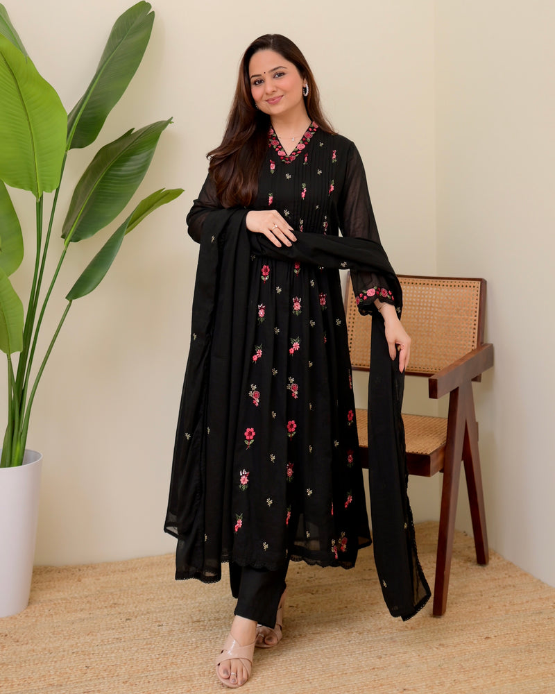 Black Rose Threadwork Mul Cotton A Line Suit