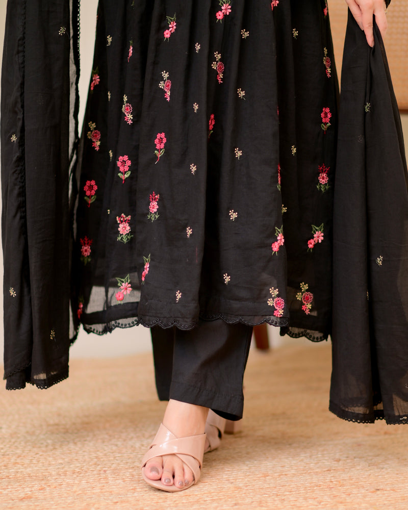 Black Rose Threadwork Mul Cotton A Line Suit