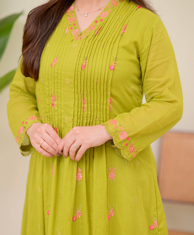 Lime Green Rose Threadwork Mul Cotton A Line Suit
