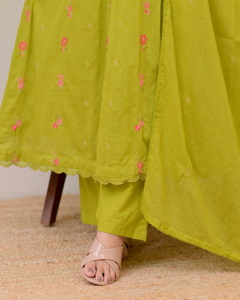 Lime Green Rose Threadwork Mul Cotton A Line Suit