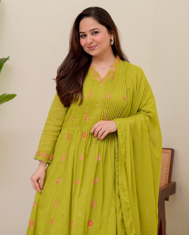 Lime Green Rose Threadwork Mul Cotton A Line Suit