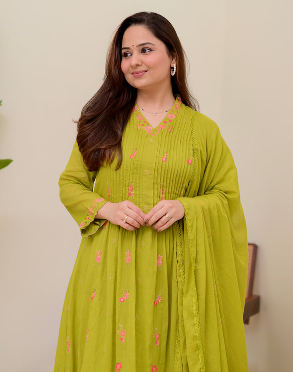 Lime Green Rose Threadwork Mul Cotton A Line Suit