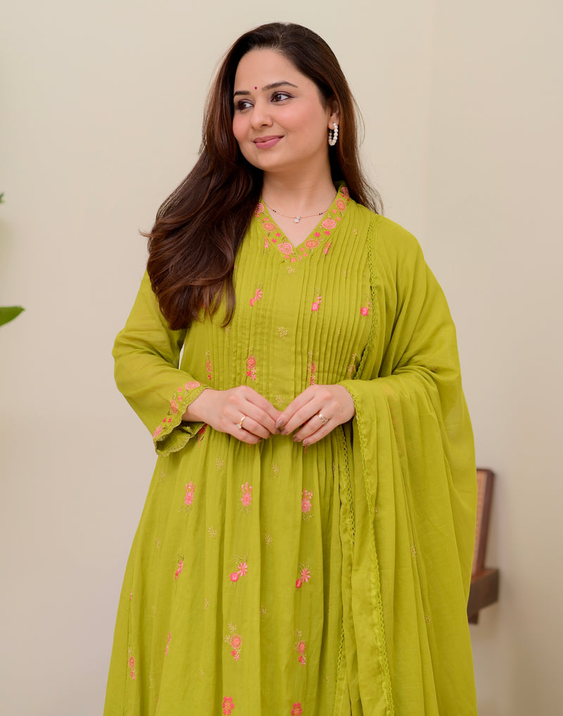 Lime Green Rose Threadwork Mul Cotton A Line Suit