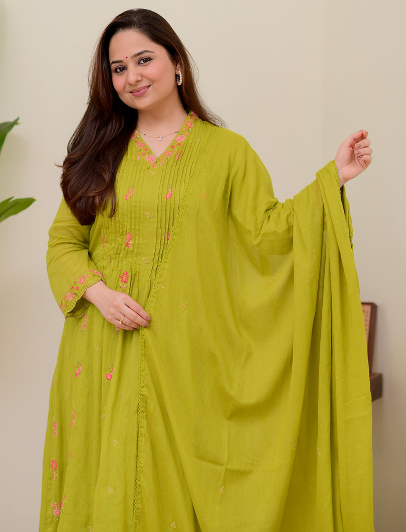 Lime Green Rose Threadwork Mul Cotton A Line Suit