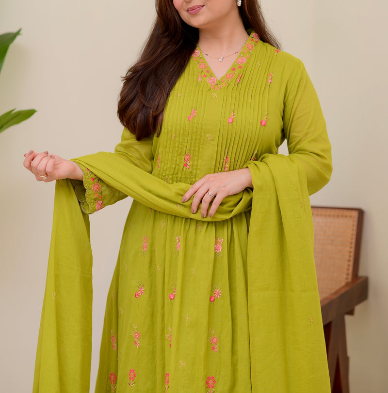 Lime Green Rose Threadwork Mul Cotton A Line Suit