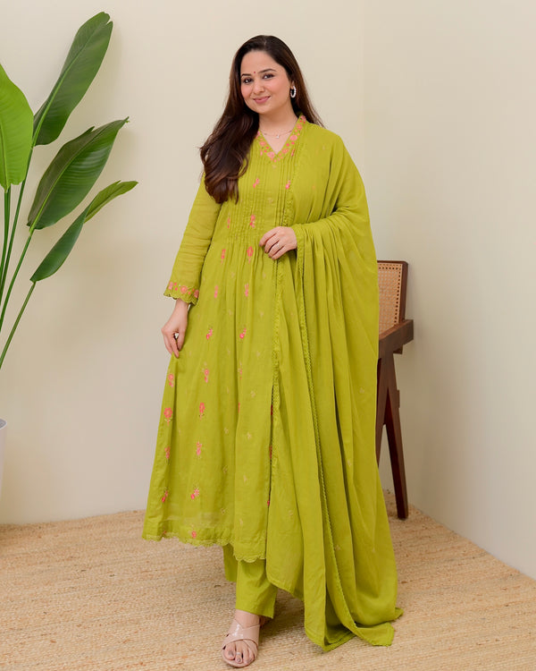 Lime Green Rose Threadwork Mul Cotton A Line Suit