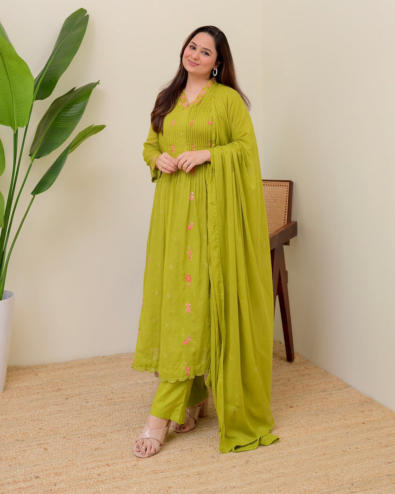 Lime Green Rose Threadwork Mul Cotton A Line Suit