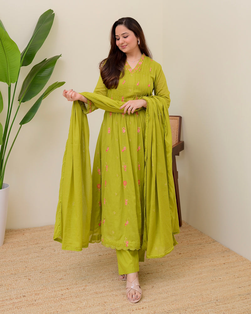Lime Green Rose Threadwork Mul Cotton A Line Suit