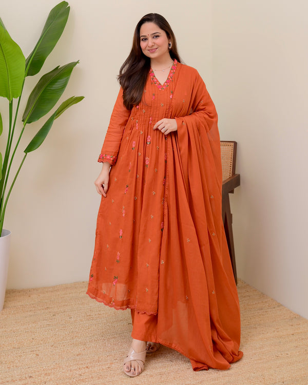 Orange Rose Threadwork Mul Cotton A Line Suit