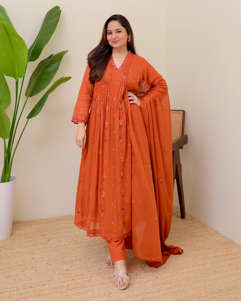 Orange Rose Threadwork Mul Cotton A Line Suit