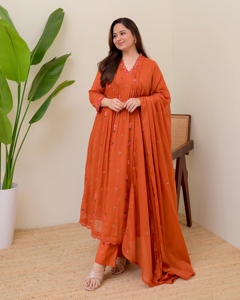 Orange Rose Threadwork Mul Cotton A Line Suit