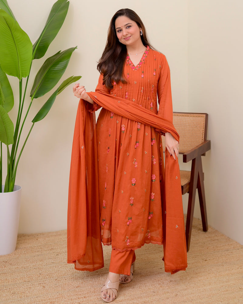 Orange Rose Threadwork Mul Cotton A Line Suit
