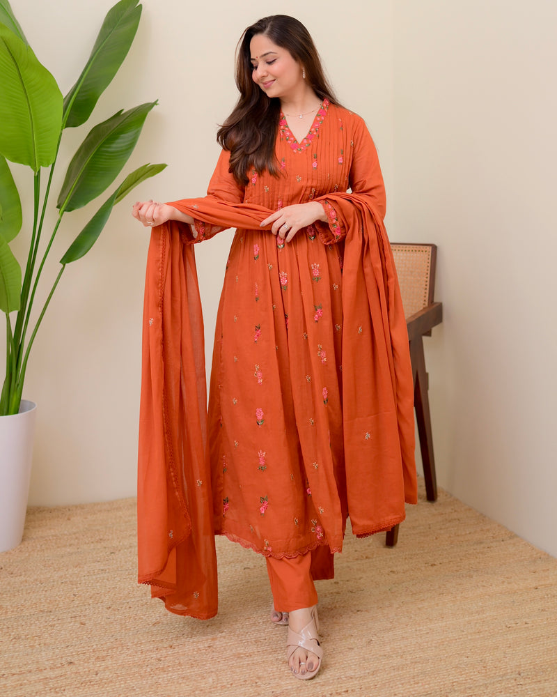 Orange Rose Threadwork Mul Cotton A Line Suit