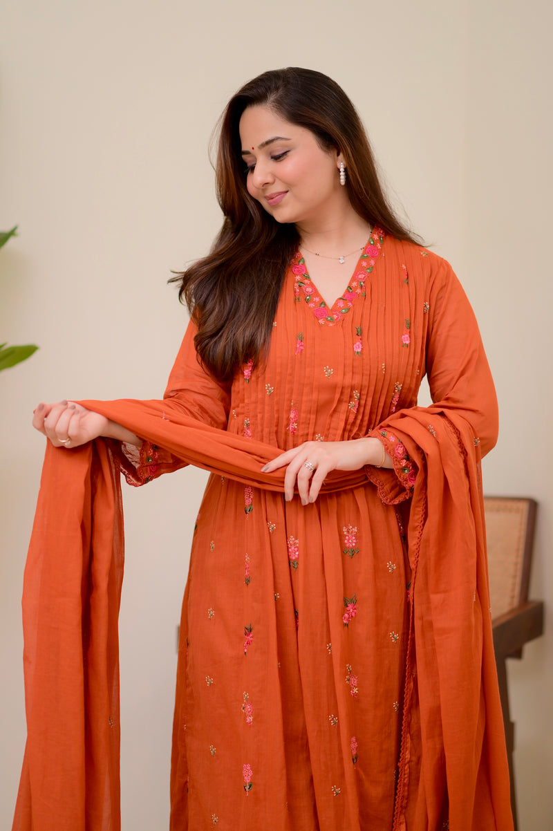 Orange Rose Threadwork Mul Cotton A Line Suit