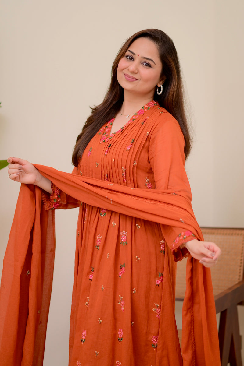Orange Rose Threadwork Mul Cotton A Line Suit