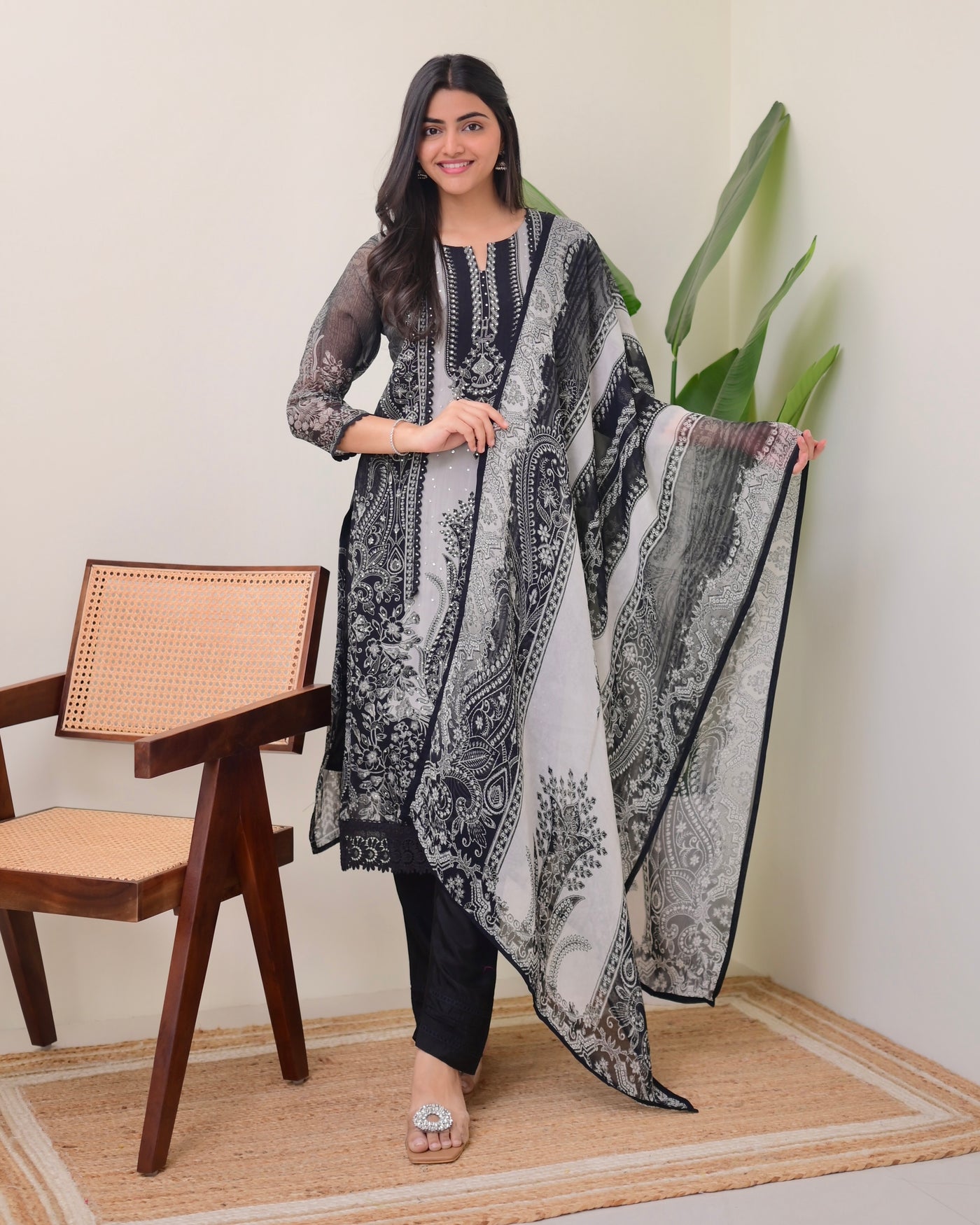 Black Grey Organza Digital Printed Pakistani Suit
