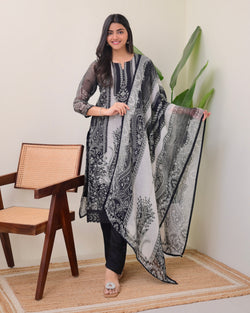 Black Grey Organza Digital Printed Pakistani Suit