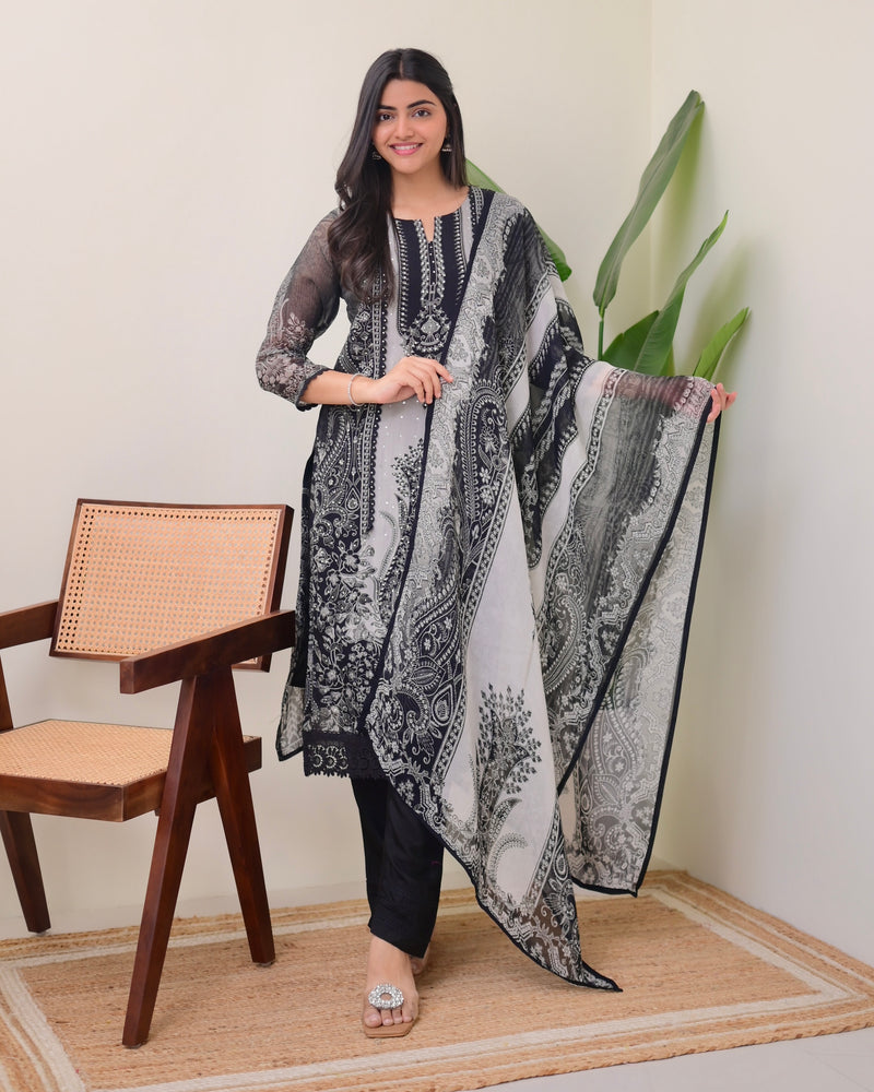 Black Grey Organza Digital Printed Pakistani Suit