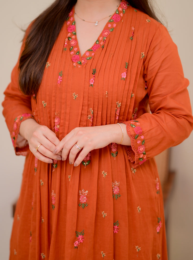Orange Rose Threadwork Mul Cotton A Line Suit