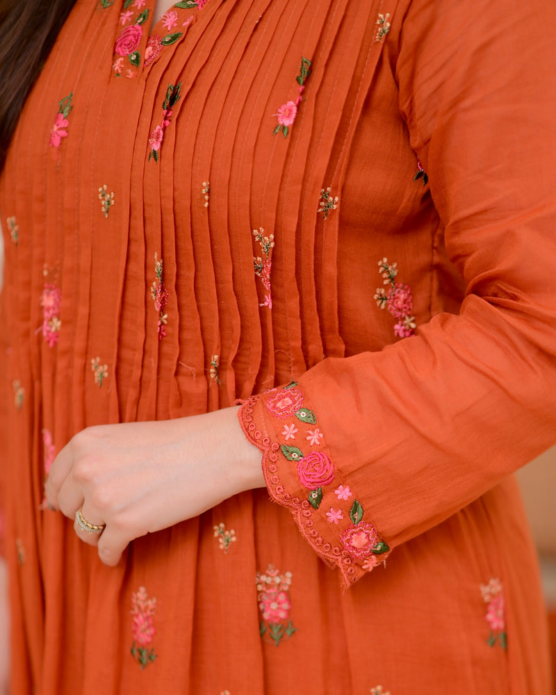 Orange Rose Threadwork Mul Cotton A Line Suit
