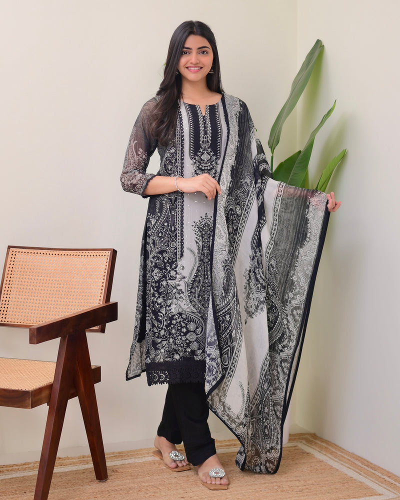 Black Grey Organza Digital Printed Pakistani Suit