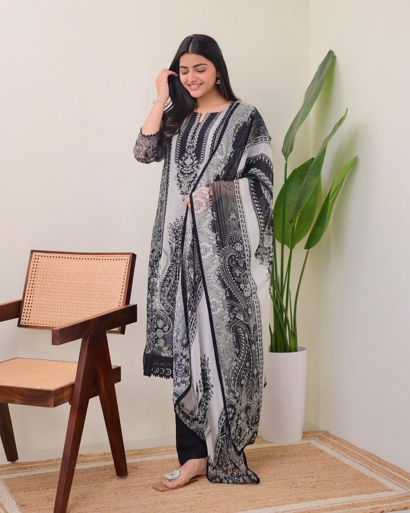 Black Grey Organza Digital Printed Pakistani Suit