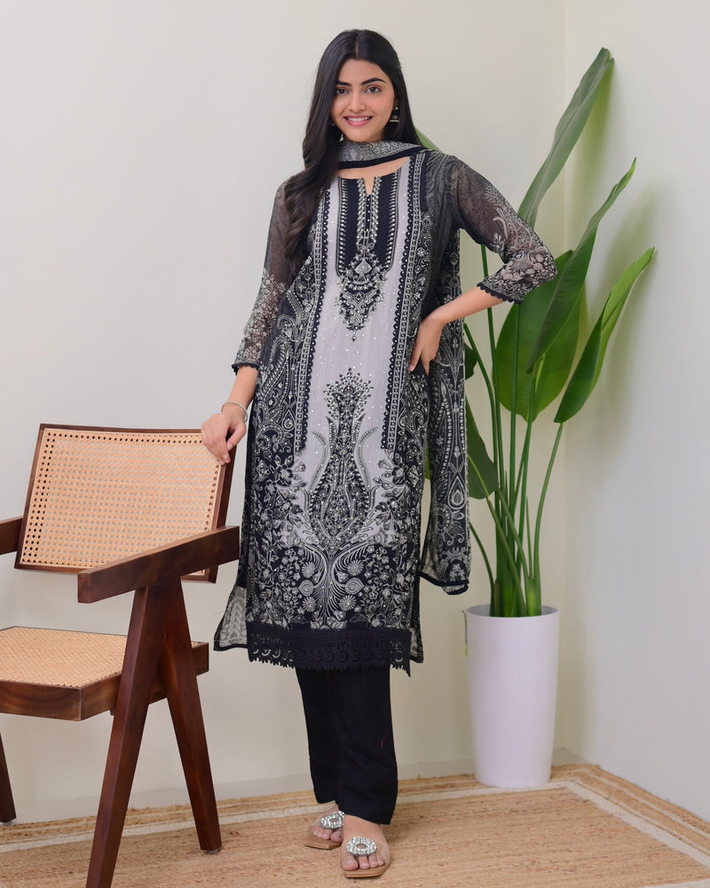 Black Grey Organza Digital Printed Pakistani Suit