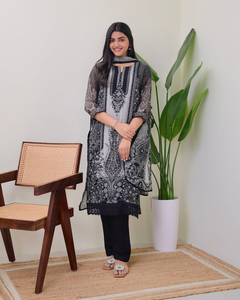 Black Grey Organza Digital Printed Pakistani Suit